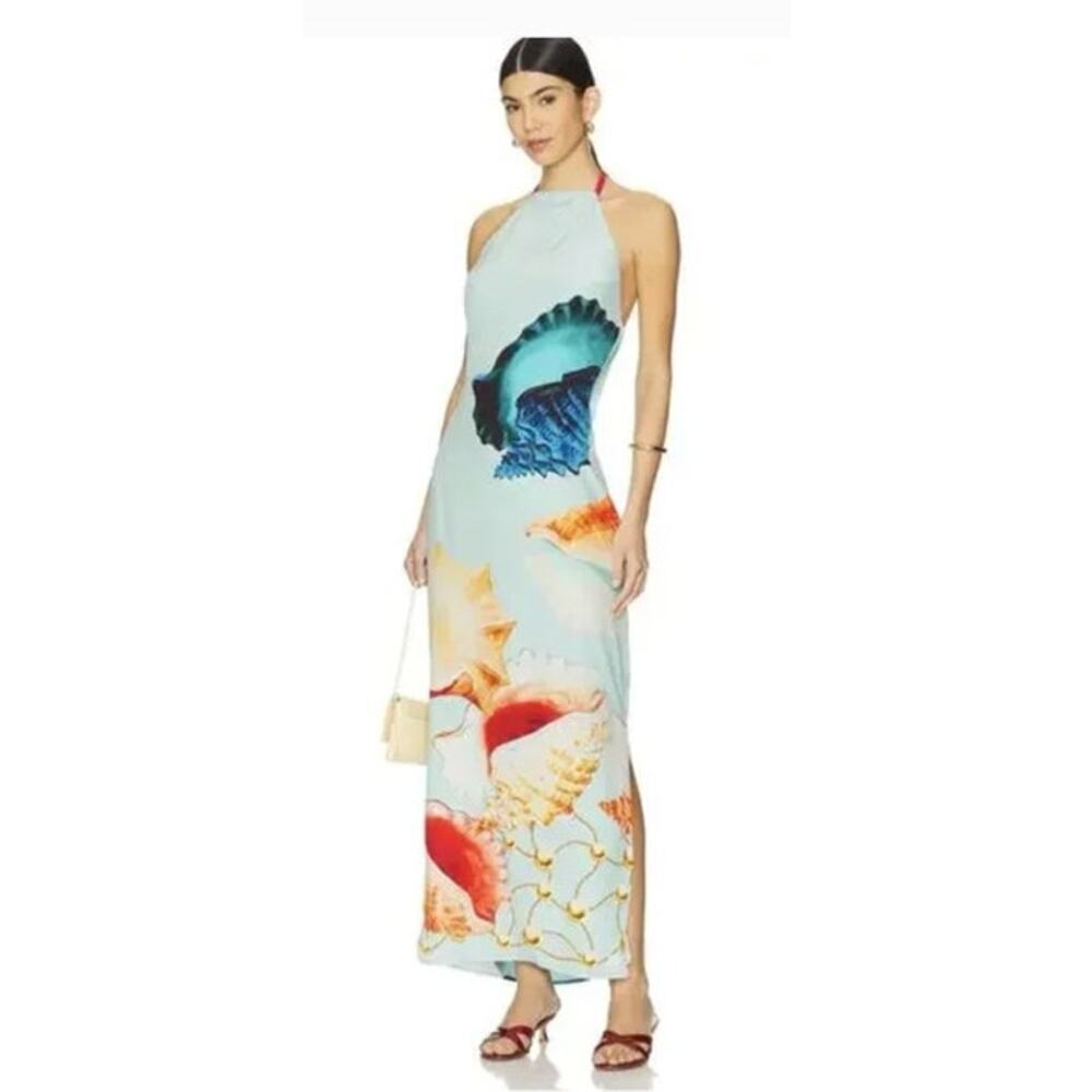 Muma World Murex Mist Vega Silk Dress Shell Print Halter Draped Back Maxi Blue L